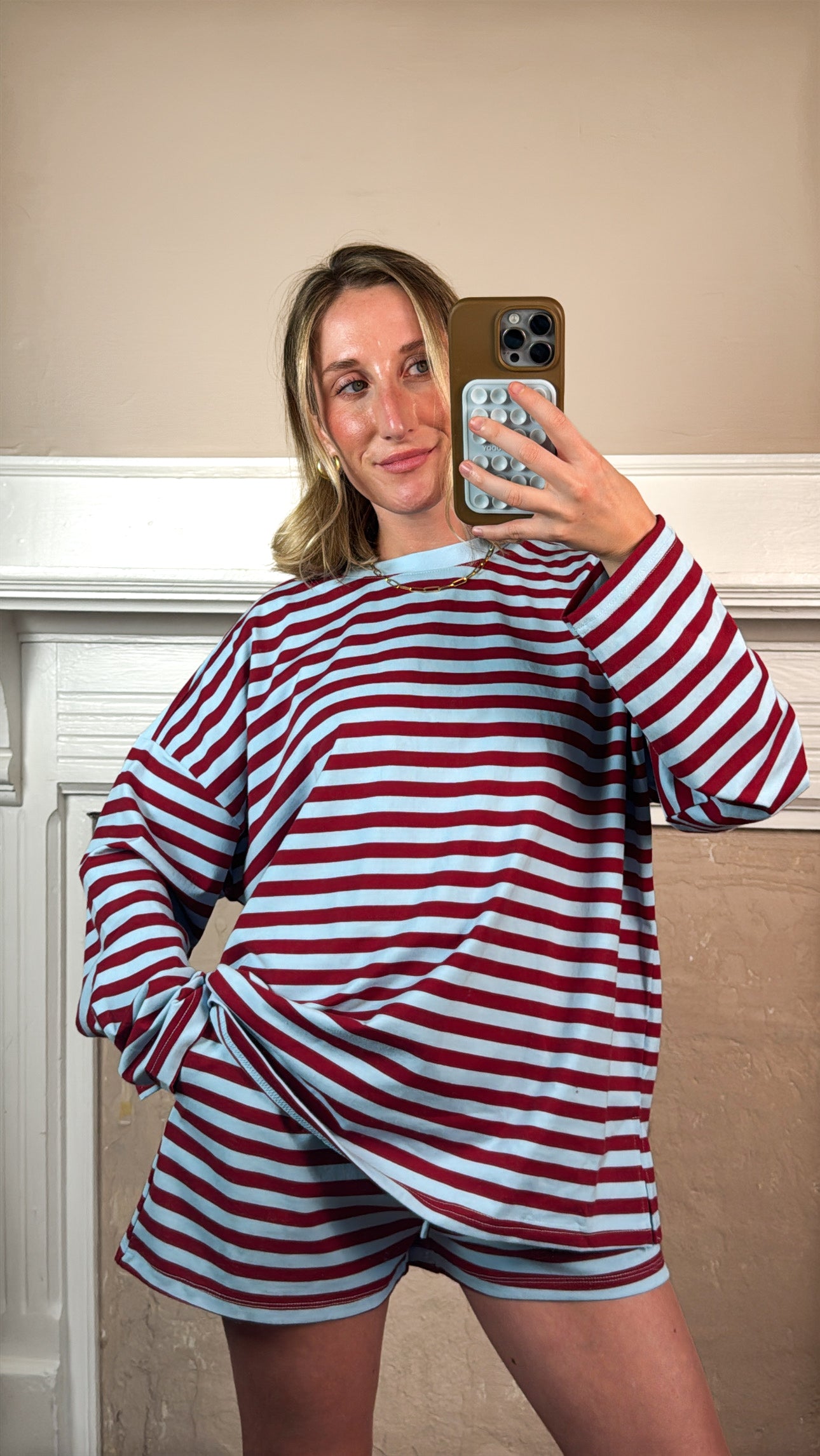 Burgundy Striped Top and Shorts Set