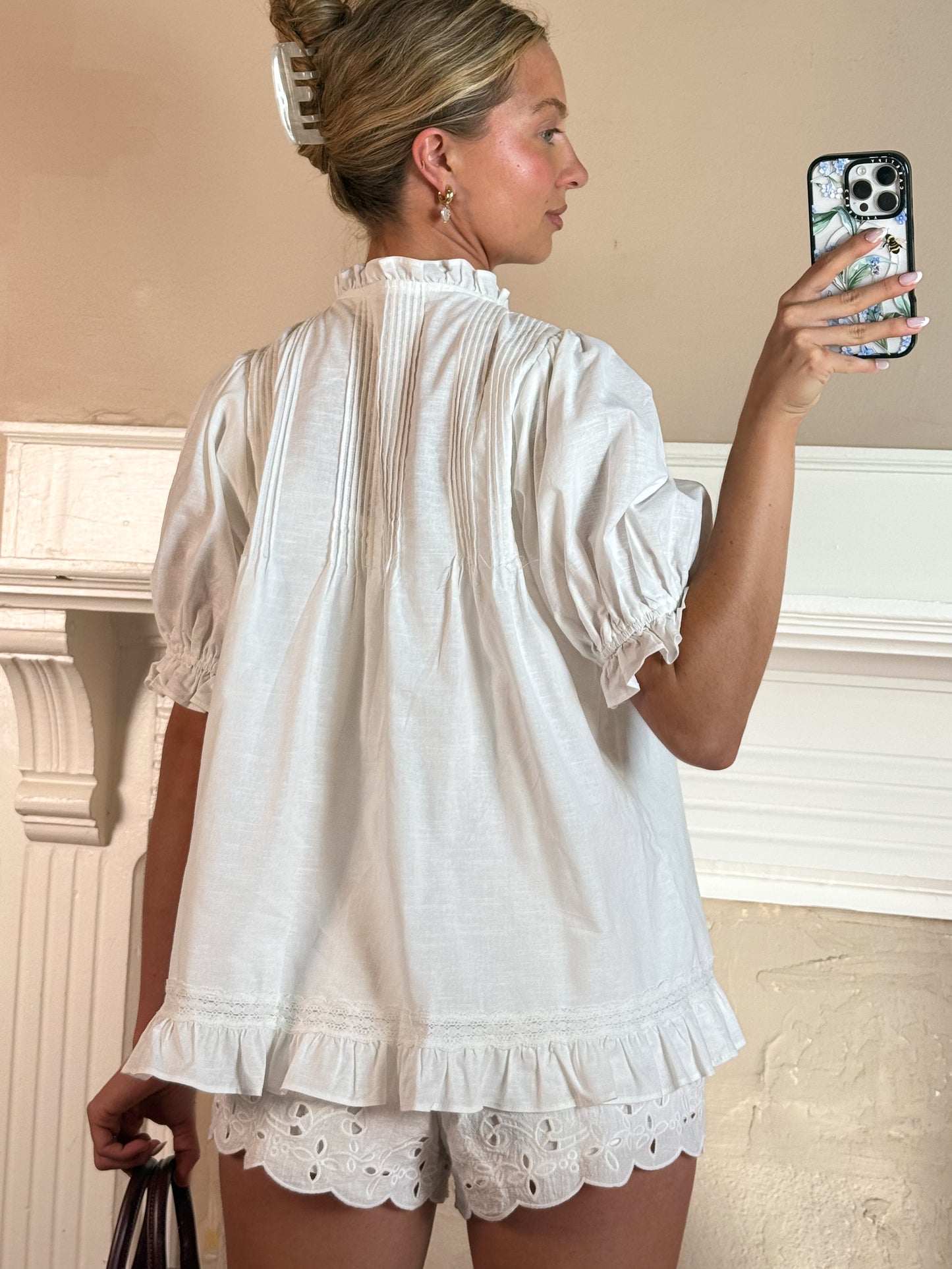 Linen Pleated Puff Sleeve Blouse