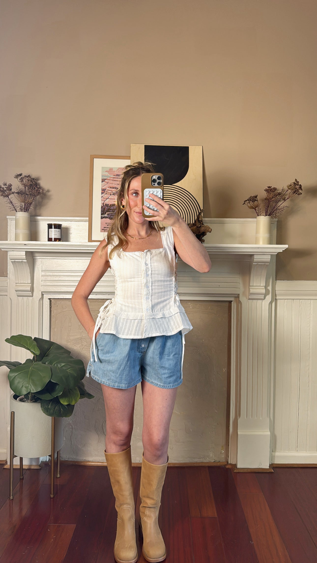 Lace-Trim Button-Front Peplum Top