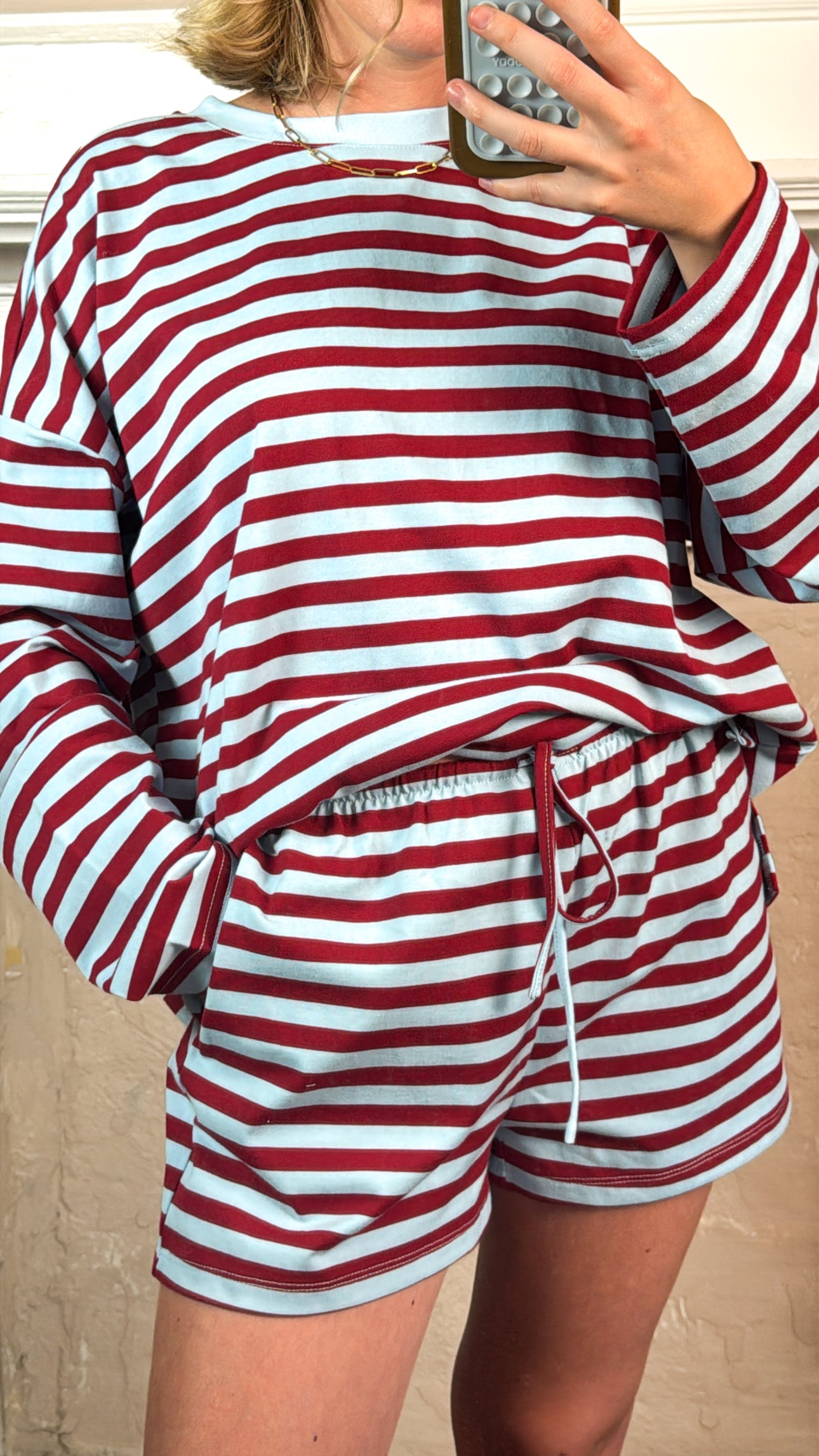 Burgundy Striped Top and Shorts Set