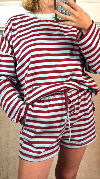 Burgundy Striped Top and Shorts Set