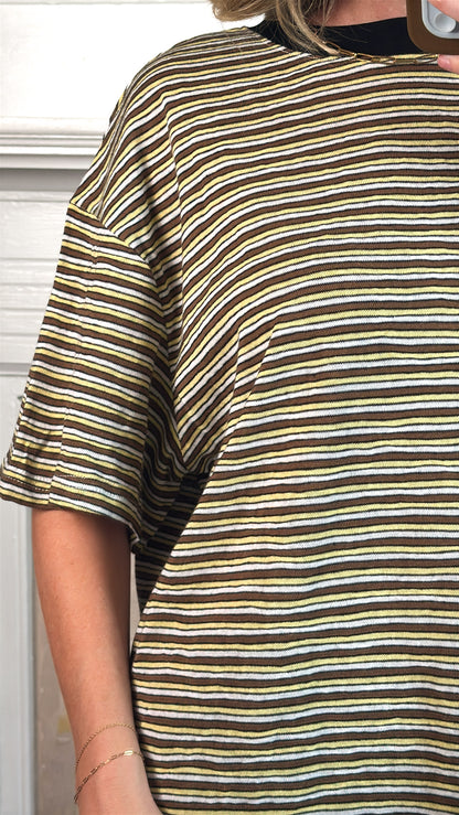 Pia Striped Oversized Tee - Brown/White/Yellow