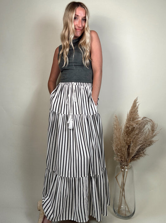 Stripe Tiered Midi Skirt - Black