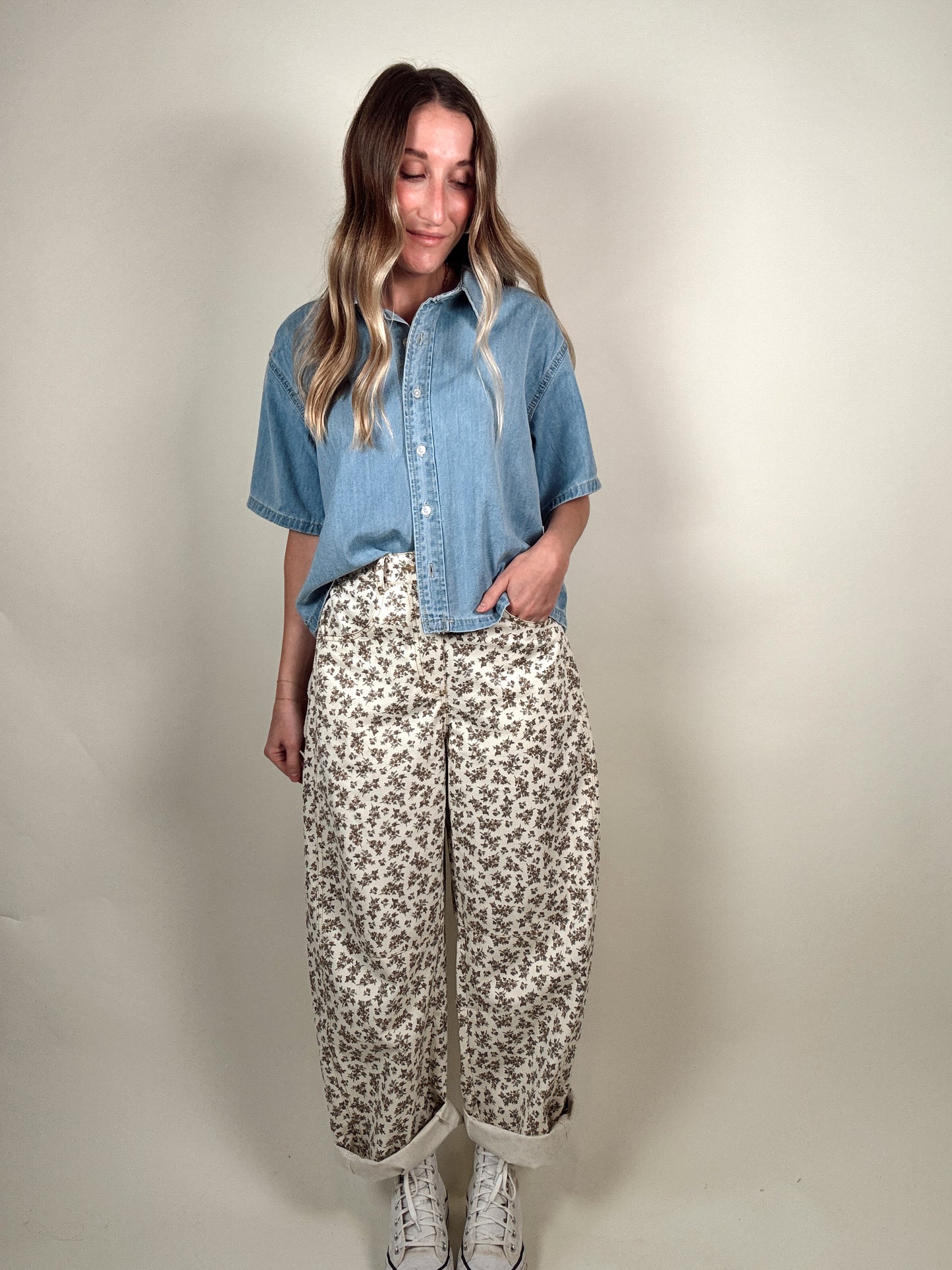 Floral-Print Twill Relaxed-Fit Barrel Pants