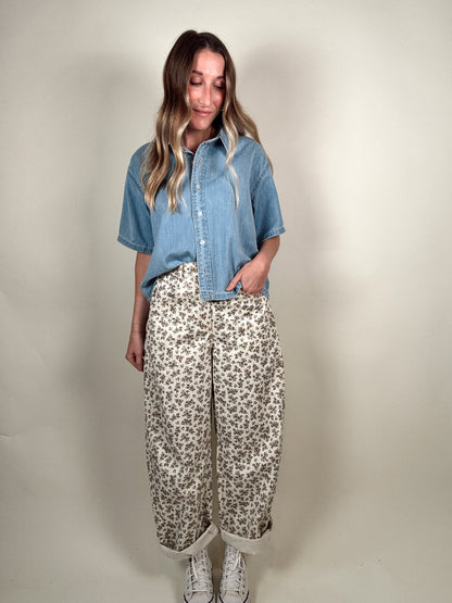 Floral-Print Twill Relaxed-Fit Barrel Pants
