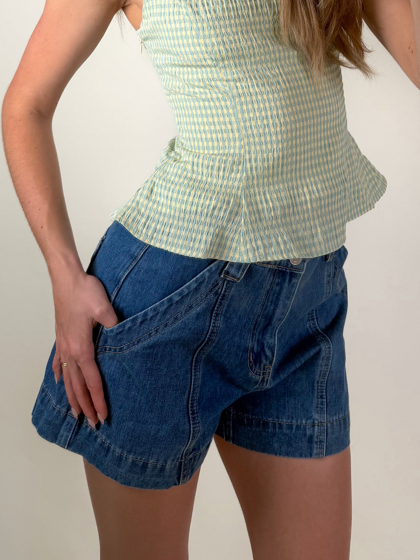 Mid Rise Flare Denim Shorts