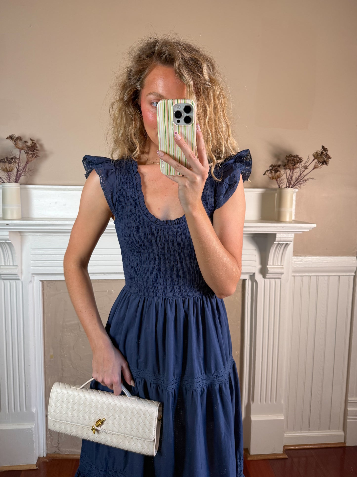 Navy Smocked Tiered Dress