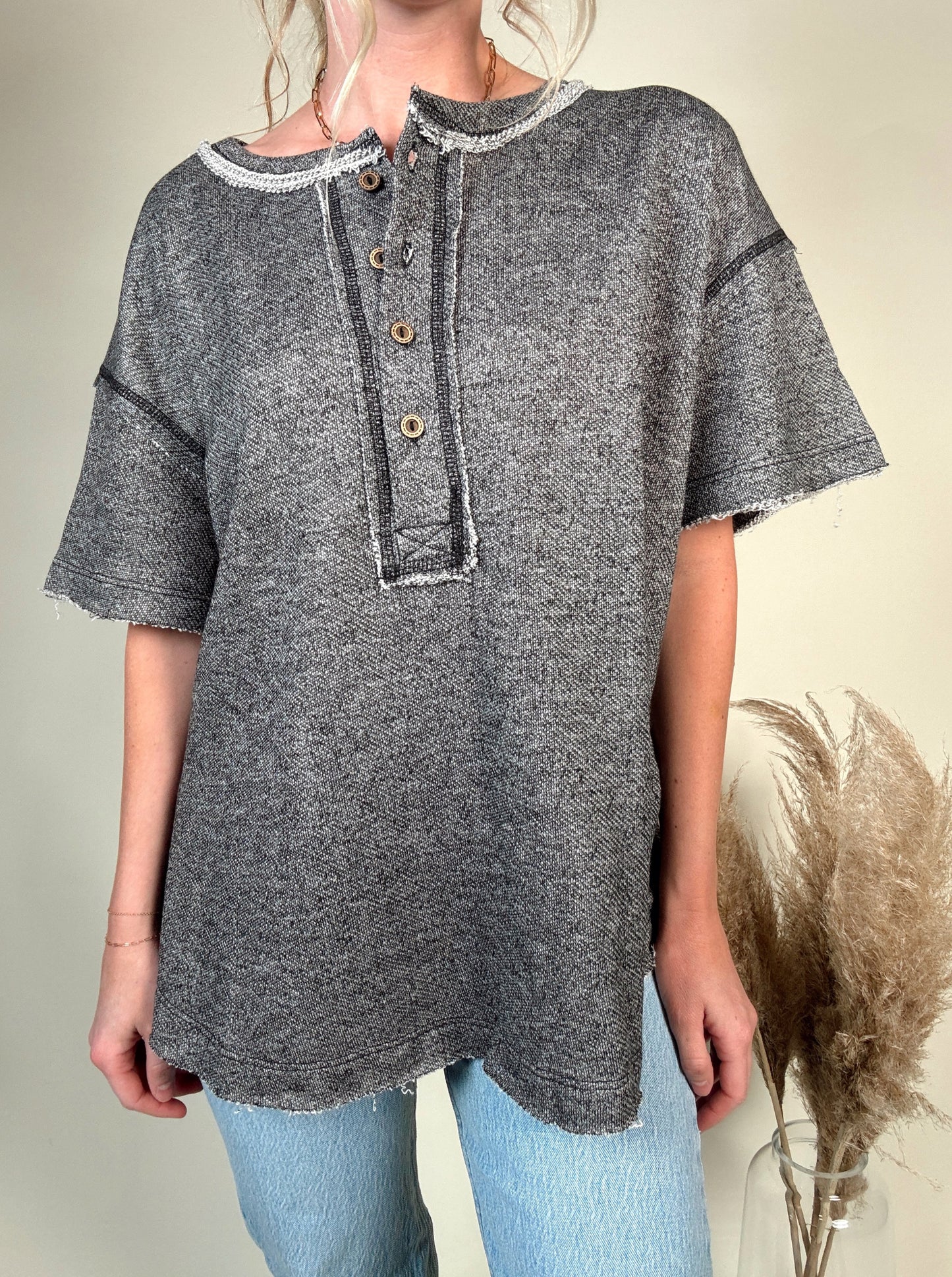 Chill Vibes Raw Henley Top - Charcoal