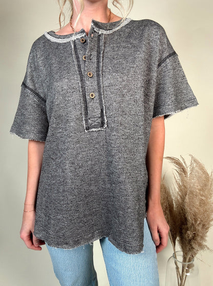Chill Vibes Raw Henley Top - Charcoal