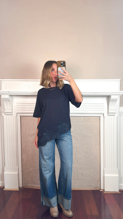 Lace Hem Tee - Navy Blue