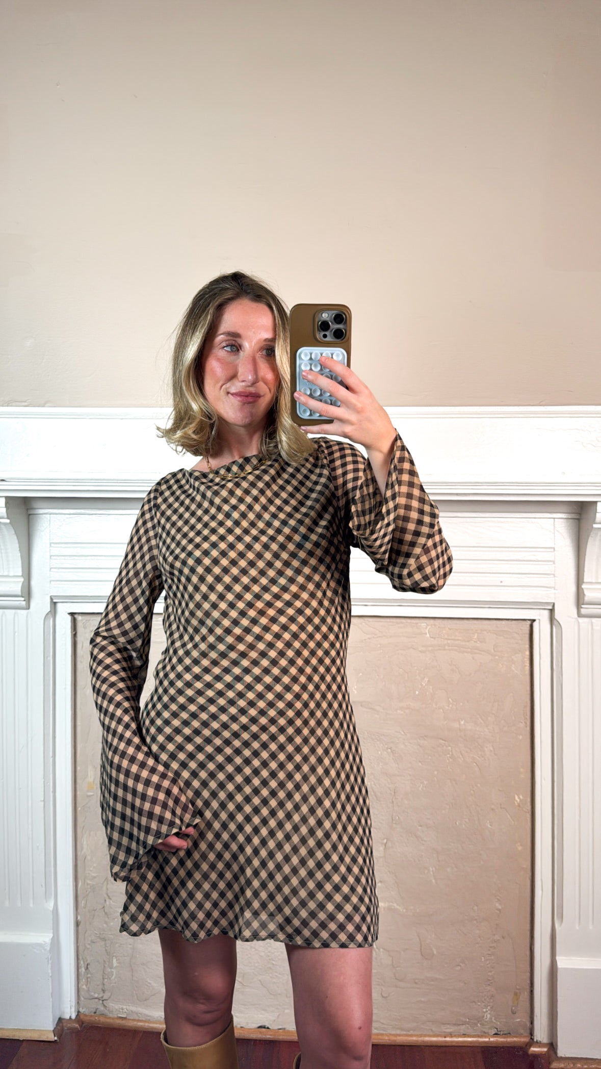 Gingham Long Sleeve Mini Dress