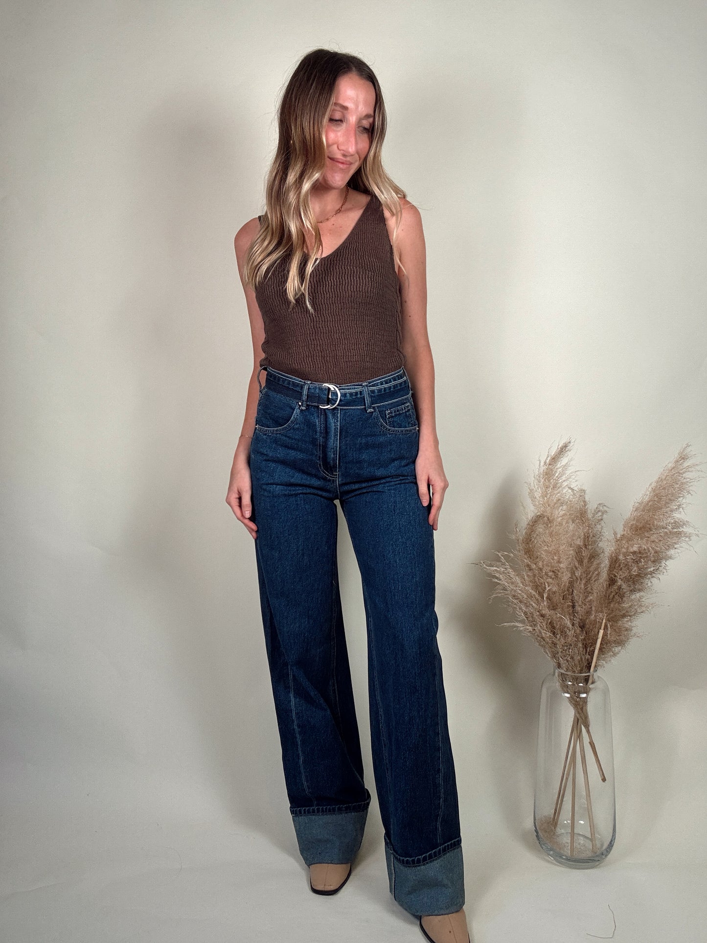 Belted Cuffed Wide Leg Jeans