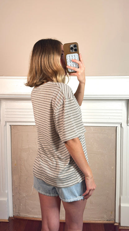 Pia Striped Oversized Tee - Ivory/Grey/Brown