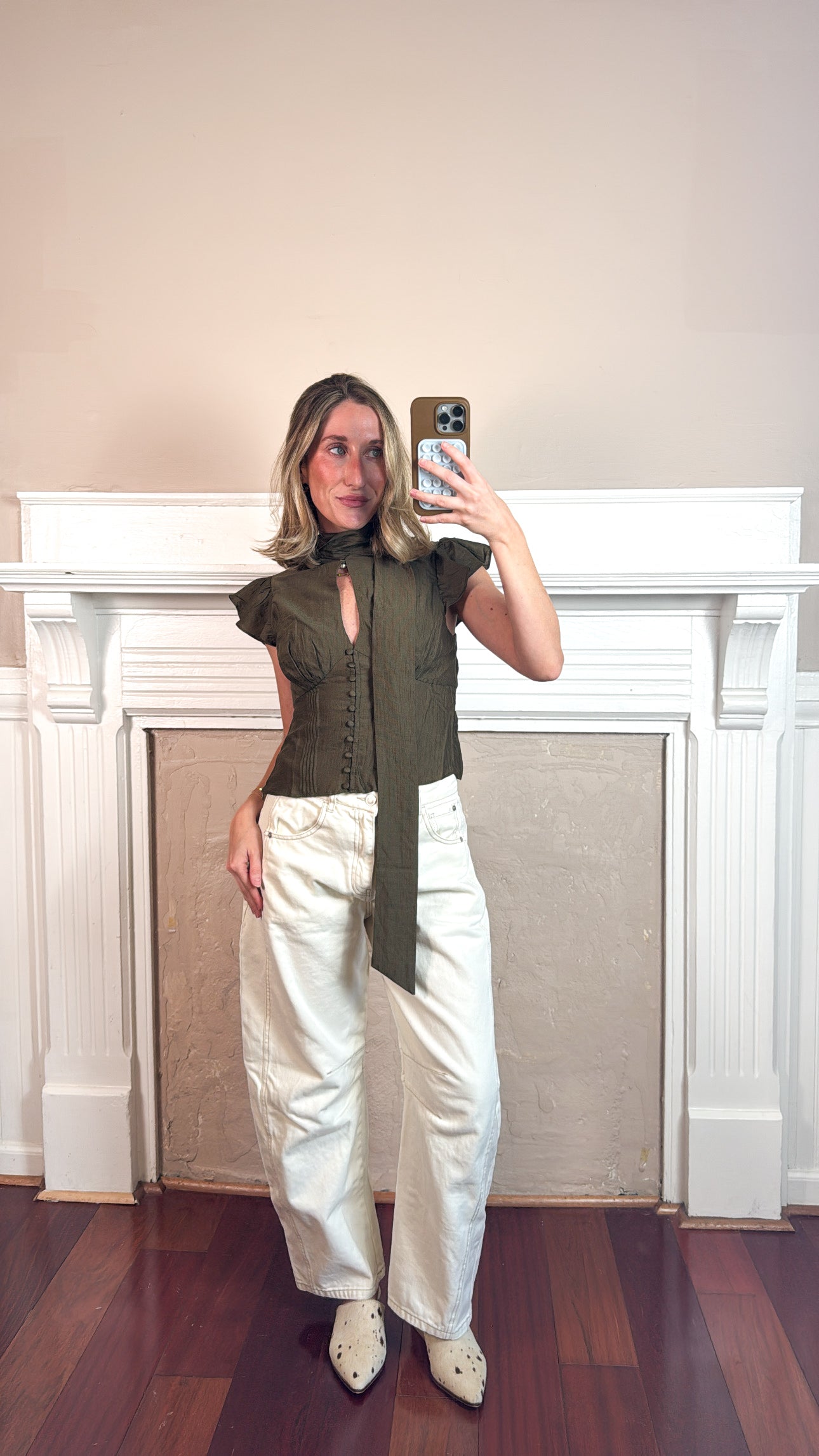 Short Sleeve Button Front Scarf Blouse