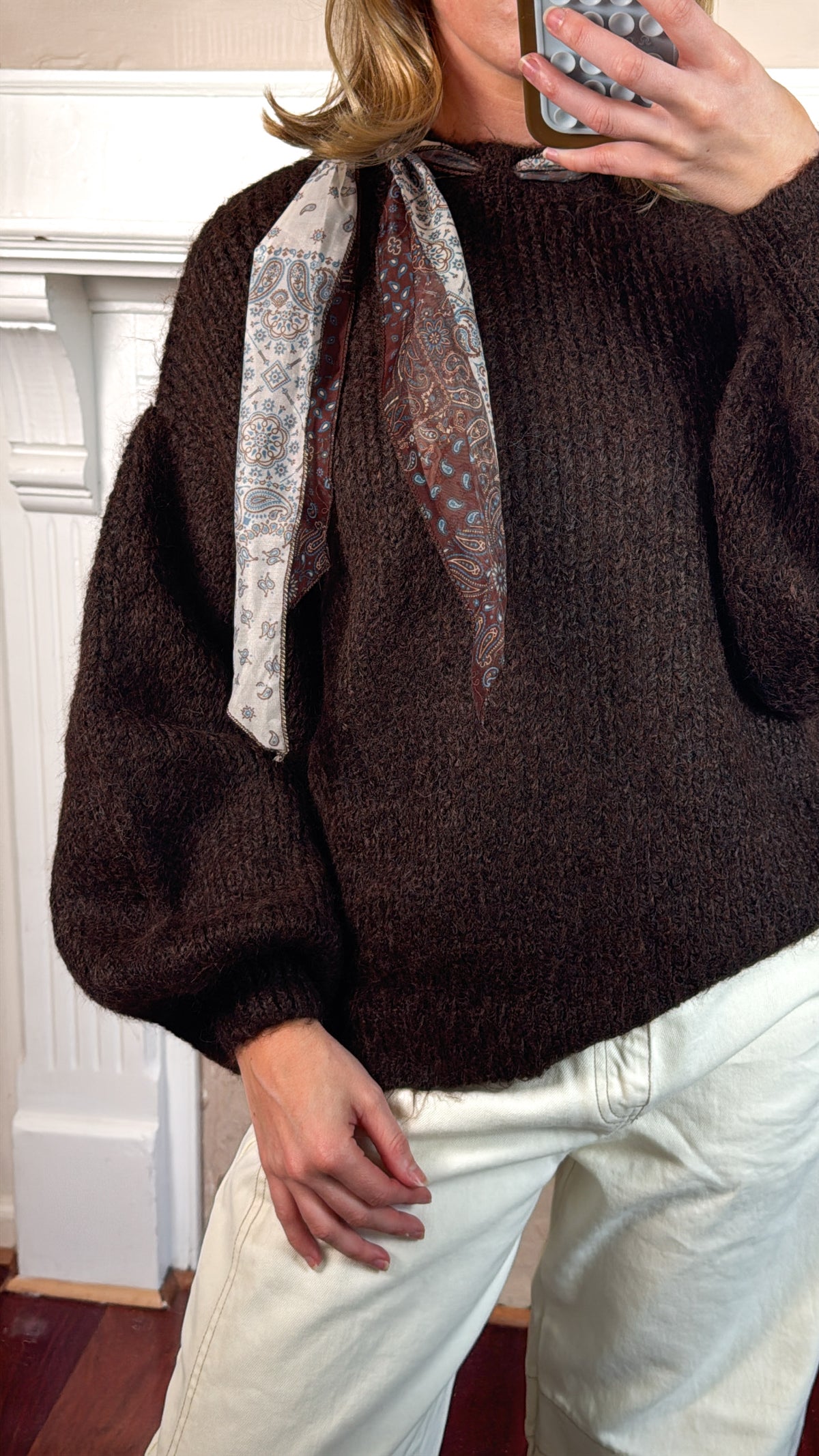 Satin Scarf Sweater - Brown