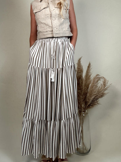 Stripe Tiered Midi Skirt - Olive