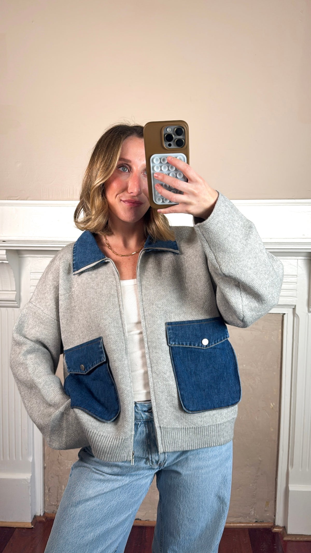 Zip Up Knit Denim Sweater