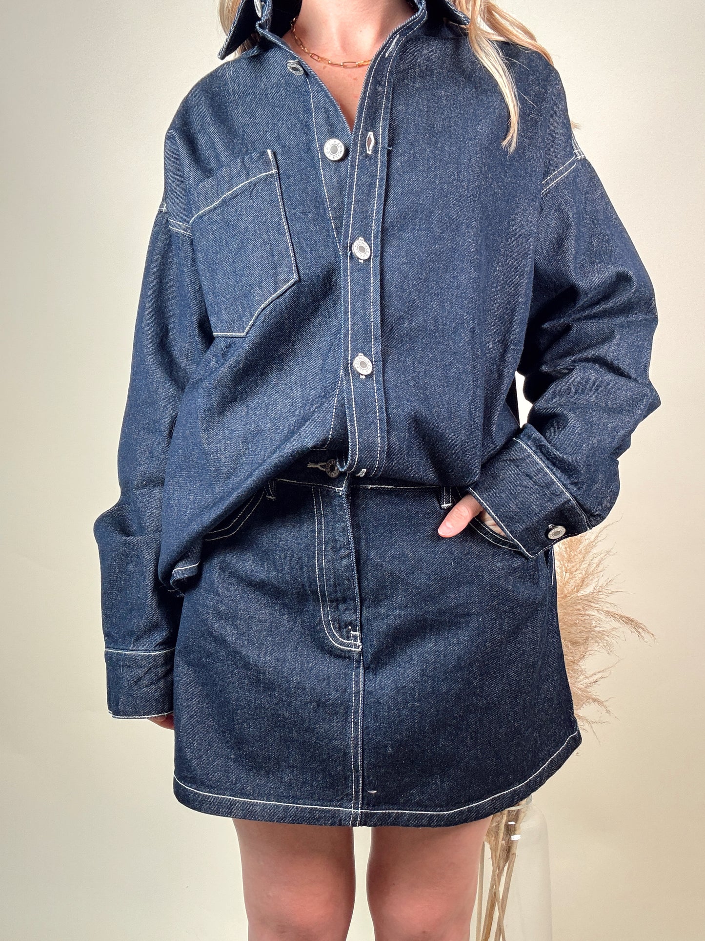 Denim Oversized Shirt and Mini Skirt Set