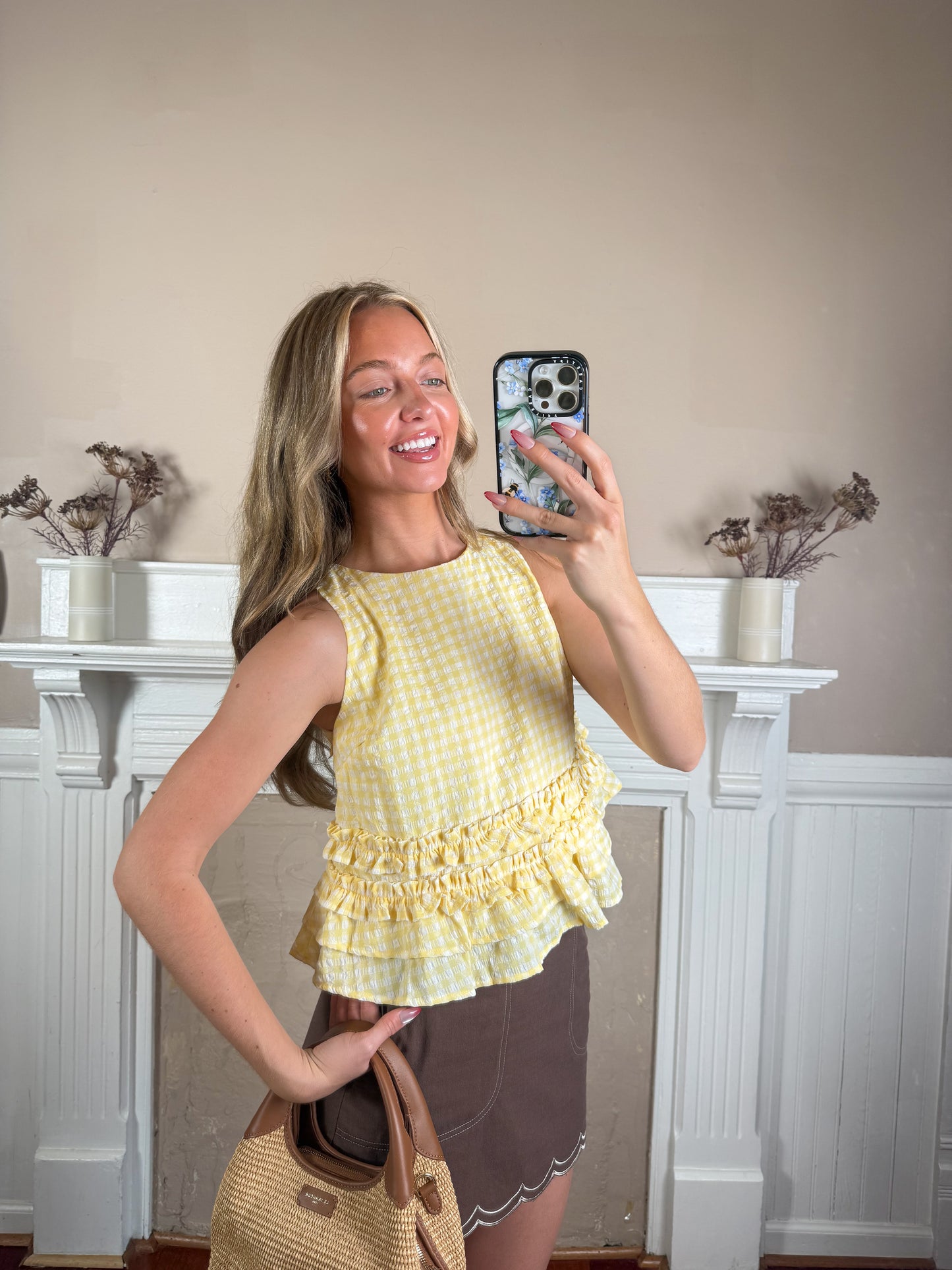 Lemon Gingham Ruffle Top