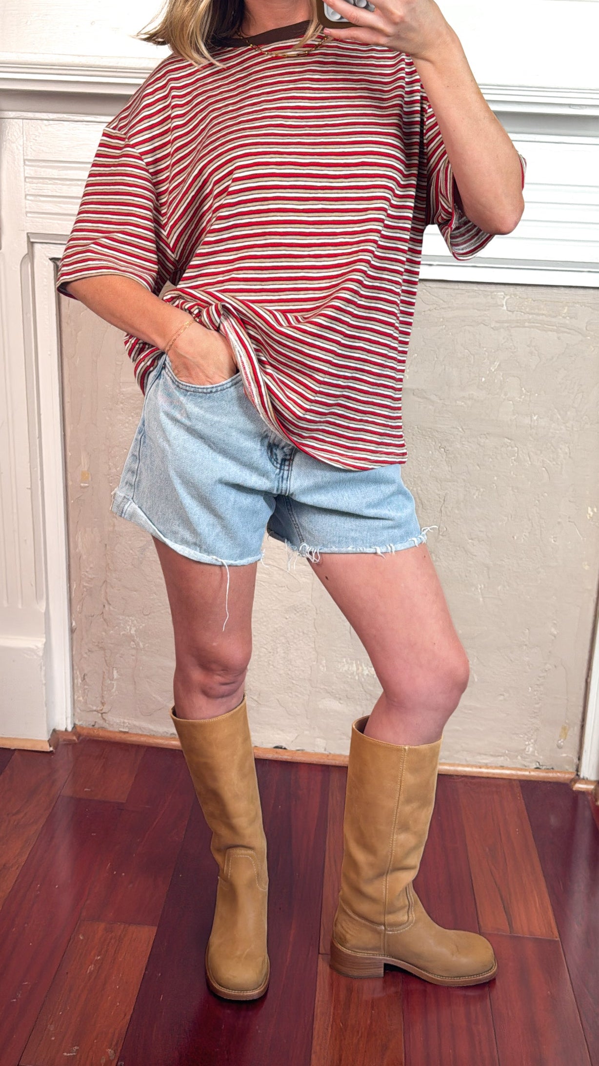 Pia Striped Oversized Tee - Red/Tan/White