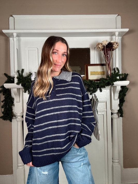 Stripe Polo Sweater - Blue
