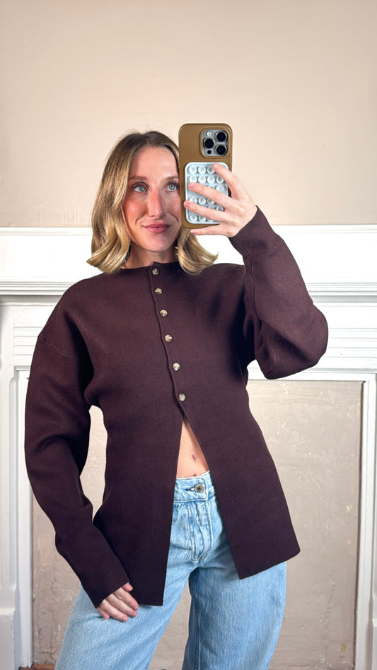 Cara Button Front Peplum Sweater - Brown