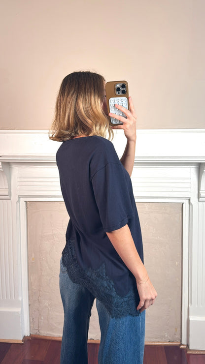 Lace Hem Tee - Navy Blue