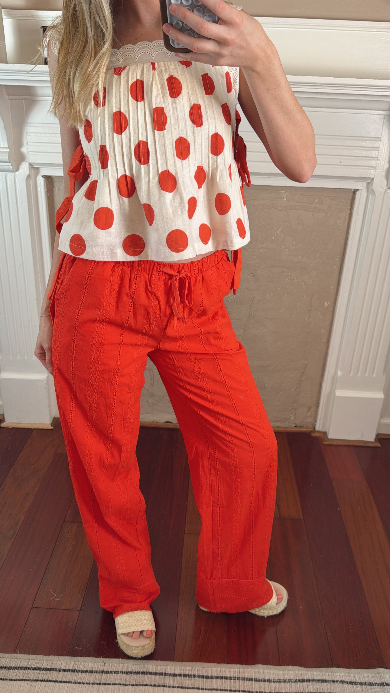 Broderie Drawstring Pants - Red