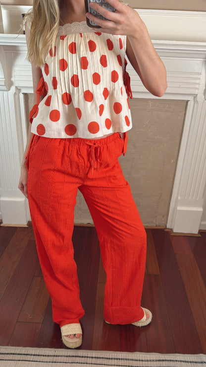 Broderie Drawstring Pants - Red