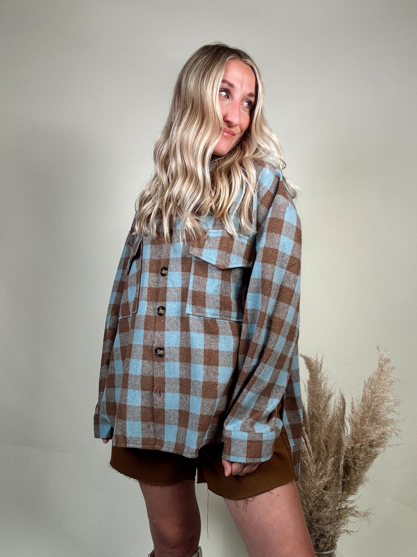 Mixed Color Plaid Shacket - Blue