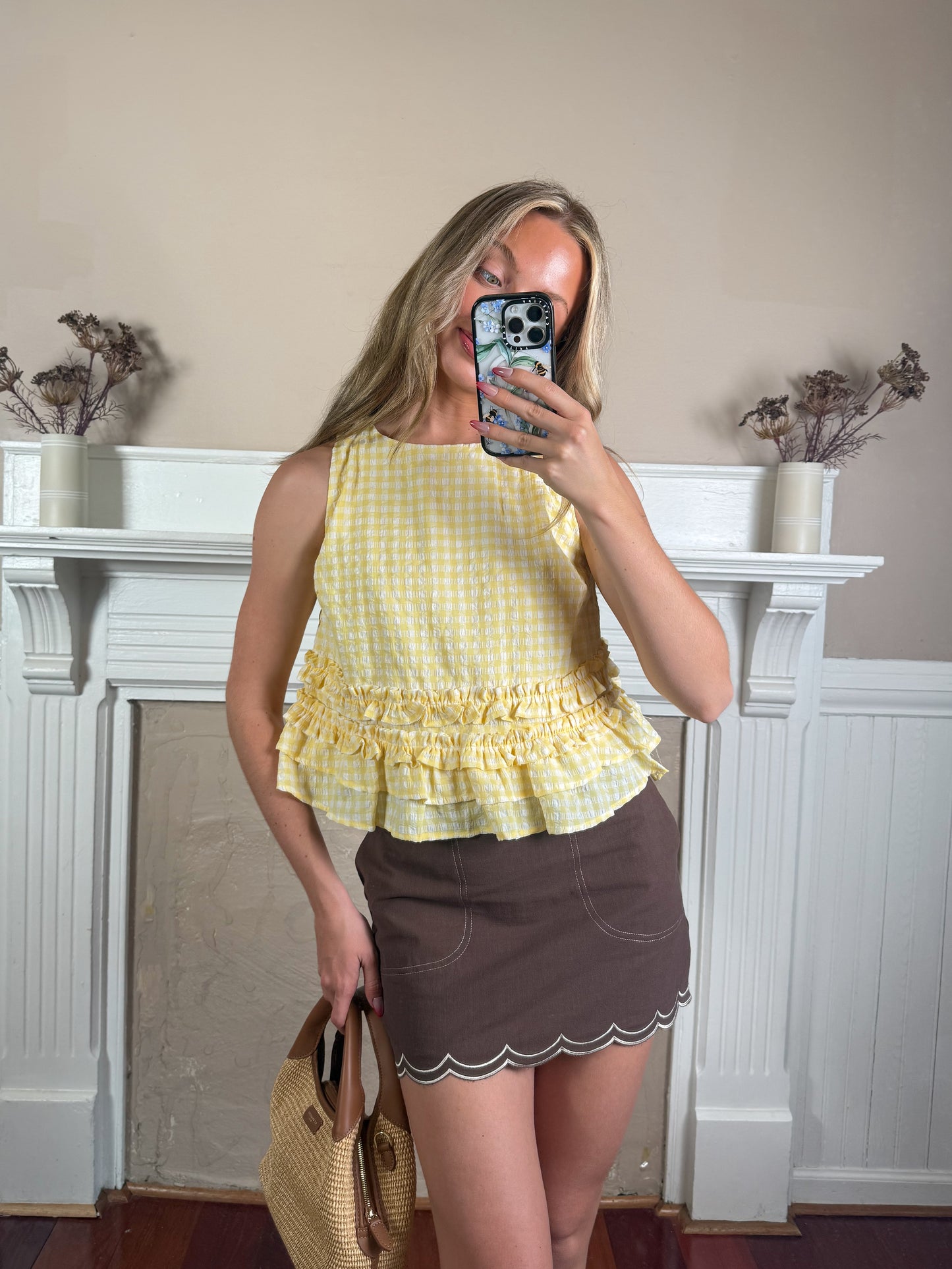 Lemon Gingham Ruffle Top