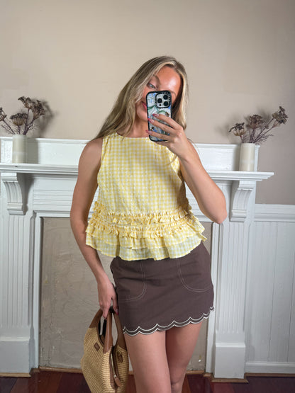 Lemon Gingham Ruffle Top
