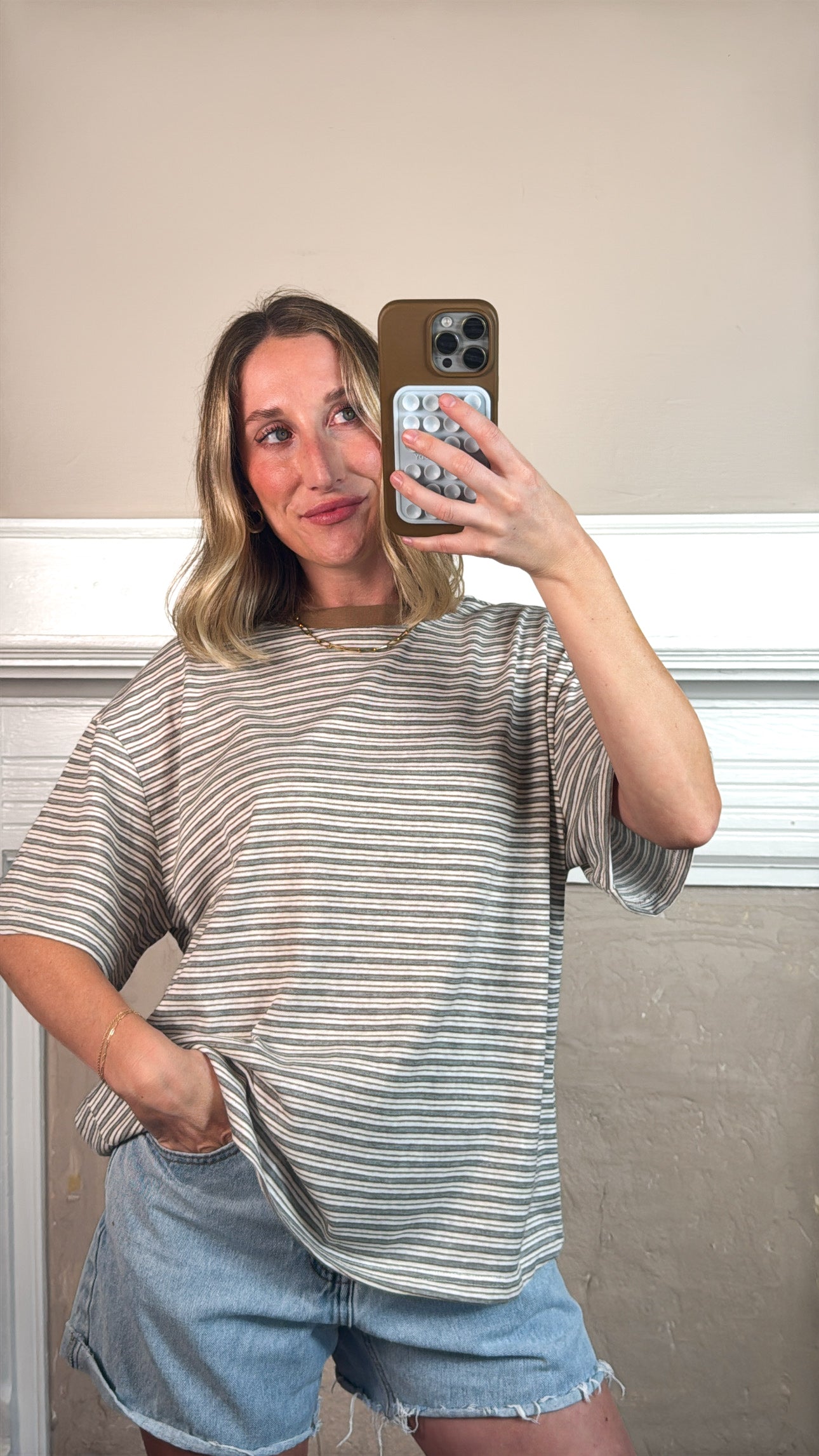 Pia Striped Oversized Tee - Ivory/Grey/Brown