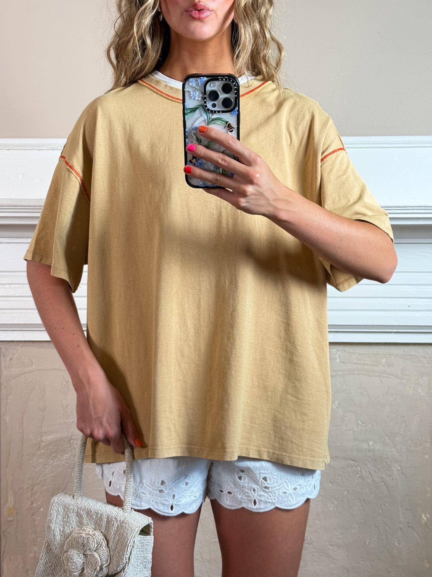 Contrast Stitch Mineral Washed Tee - Brown