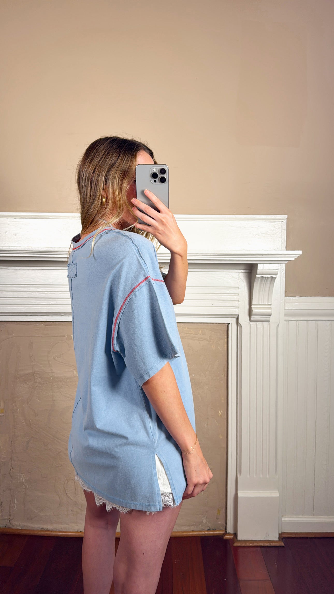 Contrast Stitch Mineral Washed Tee - Blue