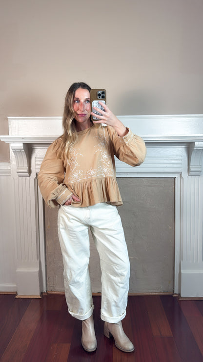 Long Sleeve Embroidered Peplum Top