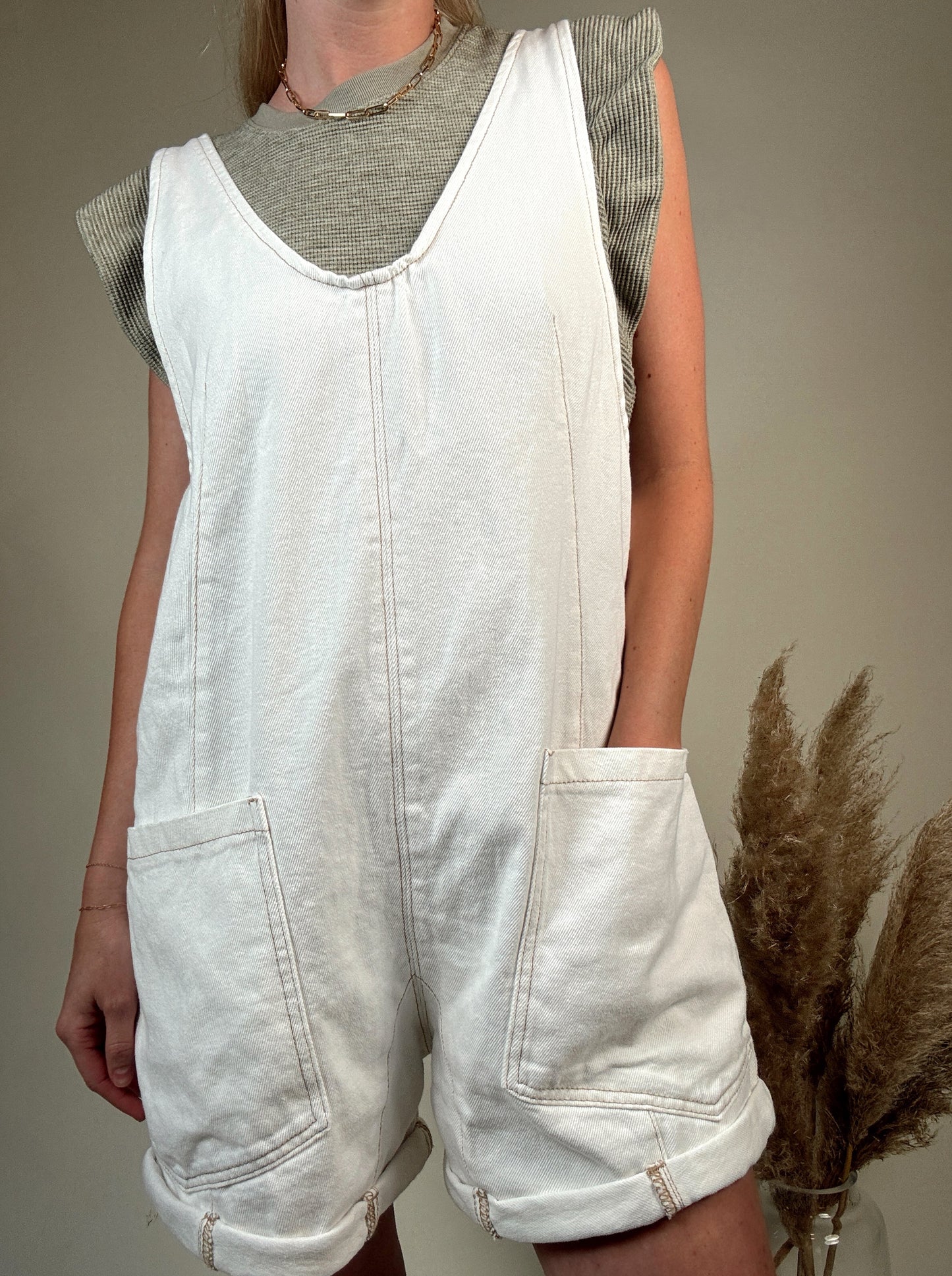 High Roller Denim Romper - White