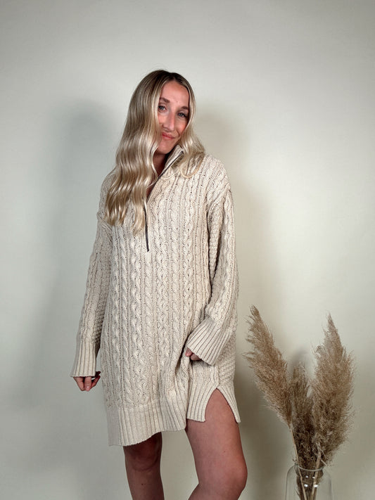 Cable-Knit Mini Sweater Dress - Cream