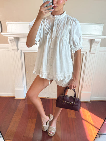 Linen Pleated Puff Sleeve Blouse