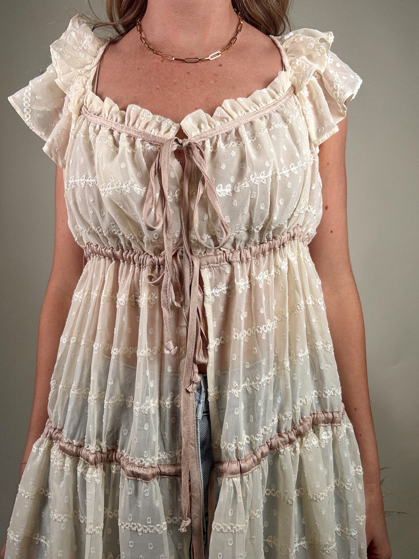 Aristelle Sheer Front Tie Maxi Blouse