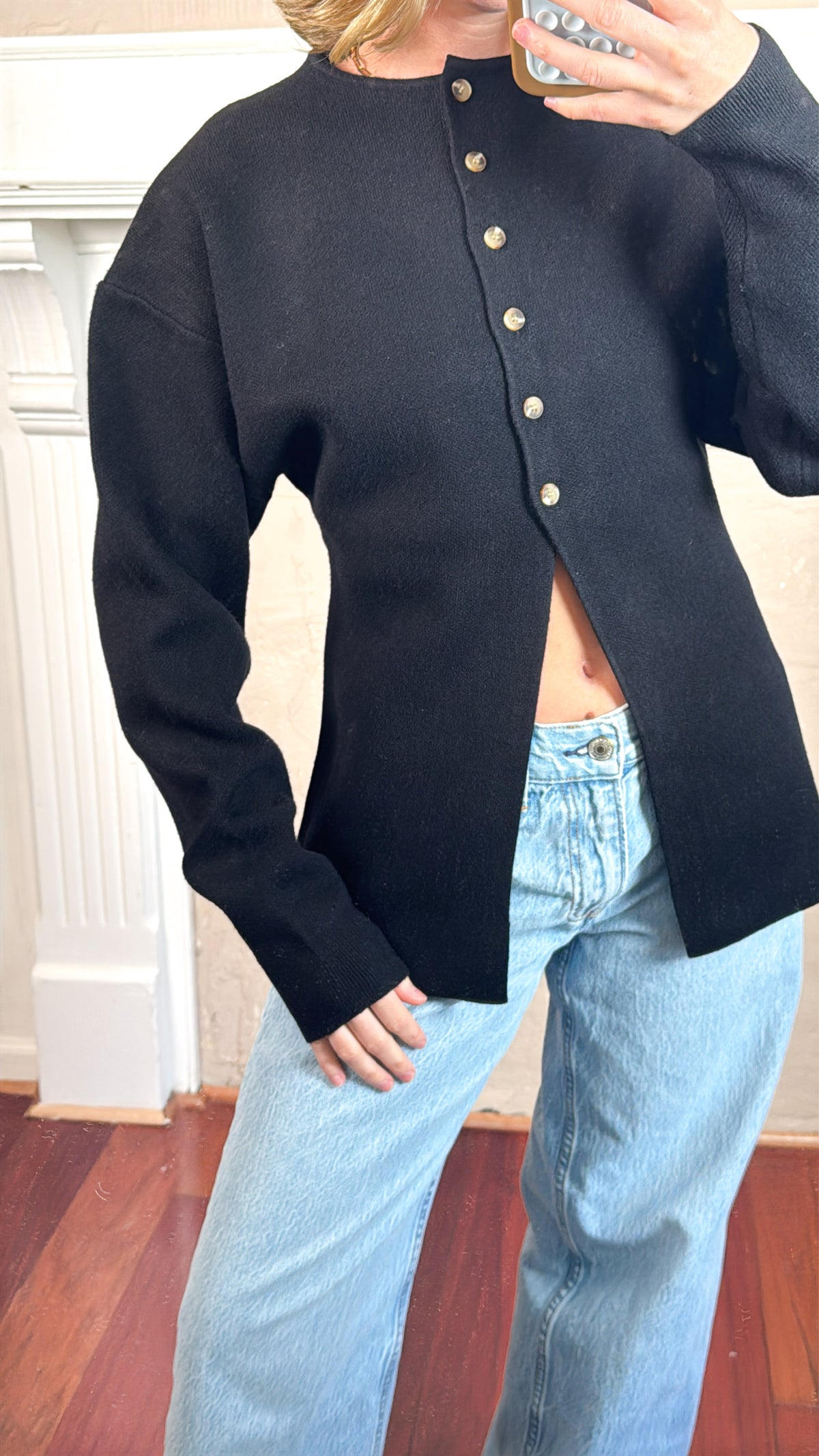 Cara Button Front Peplum Sweater - Black