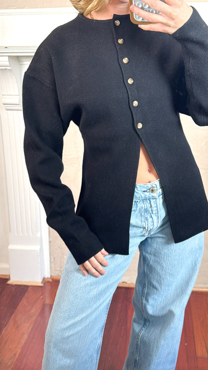 Cara Button Front Peplum Sweater - Black