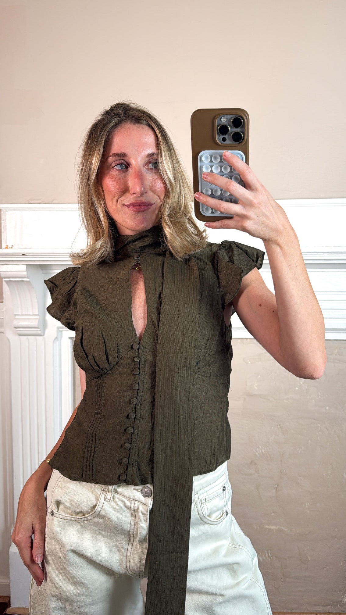 Short Sleeve Button Front Scarf Blouse