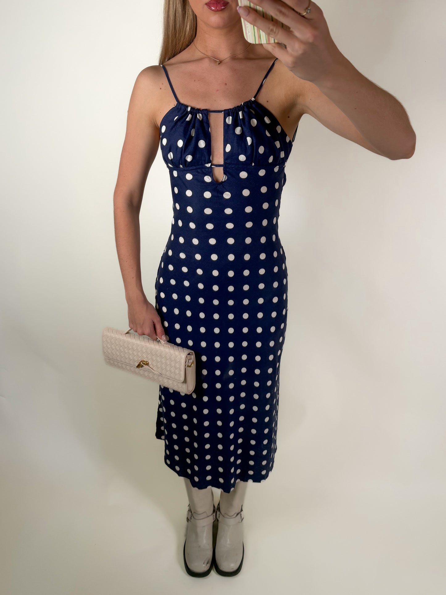 Clara Polka Dot Open-Back Midi Dress