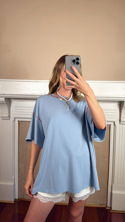 Contrast Stitch Mineral Washed Tee - Blue