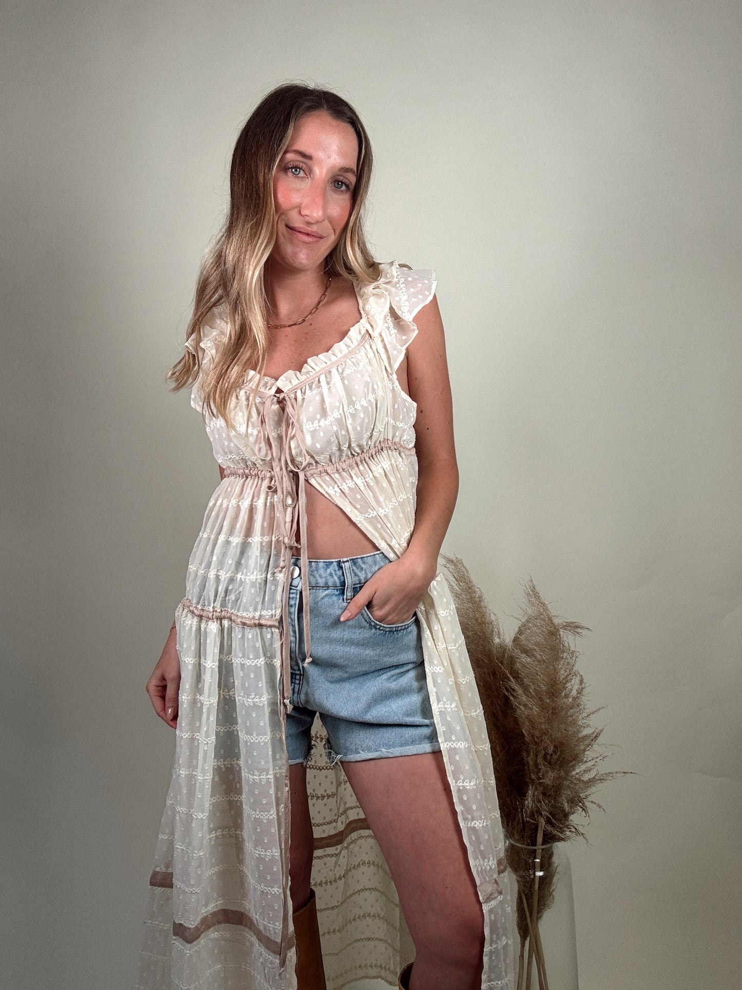 Aristelle Sheer Front Tie Maxi Blouse