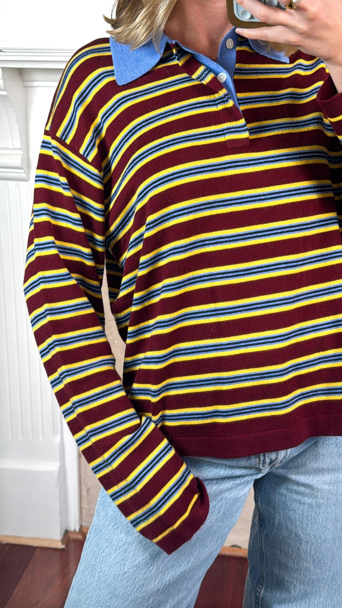 Lena Stripe Collared Knit Top - Burgundy/Blue