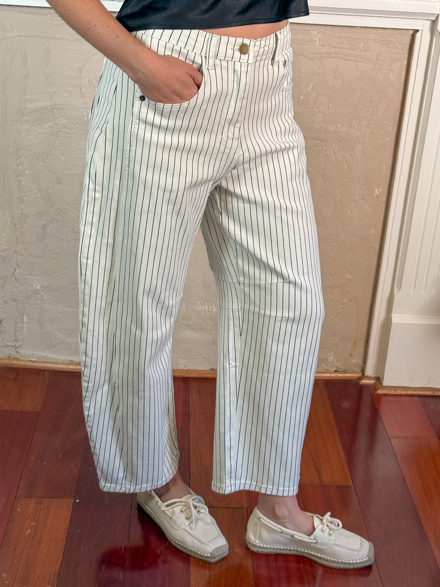 Pinstriped Barrel Jeans