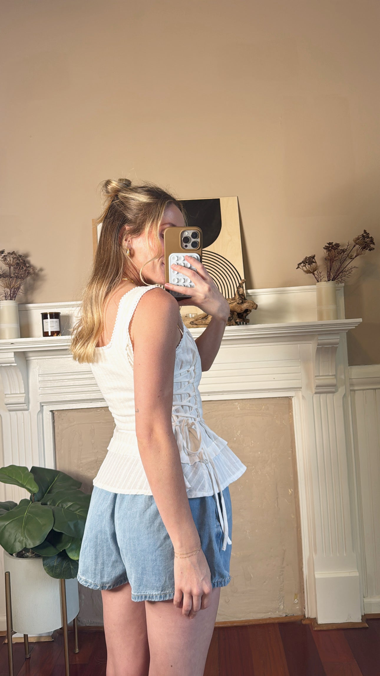 Lace-Trim Button-Front Peplum Top