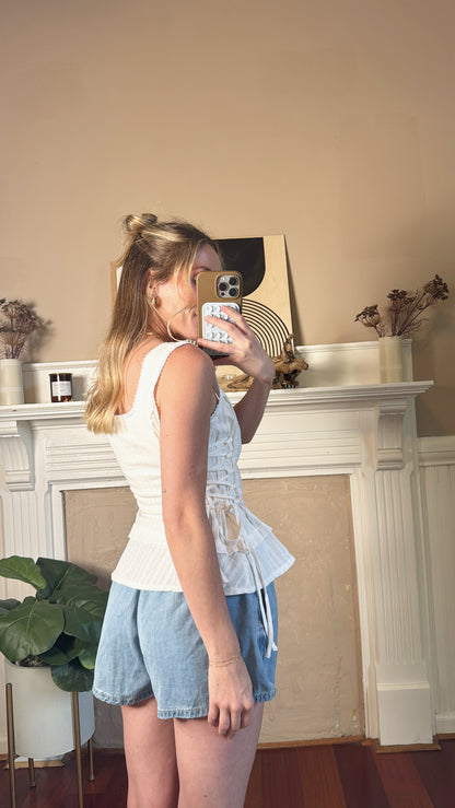 Lace-Trim Button-Front Peplum Top